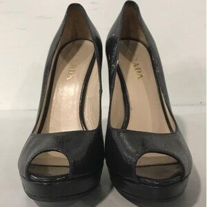 Women’s Prada Black Leather High Heel Peep Toe Pump Size 36.5